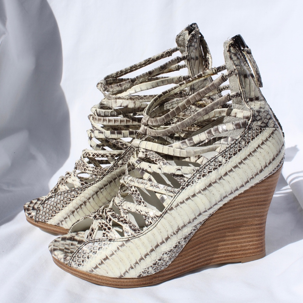 B. Makowsky Famie Snake leather strappy wedges